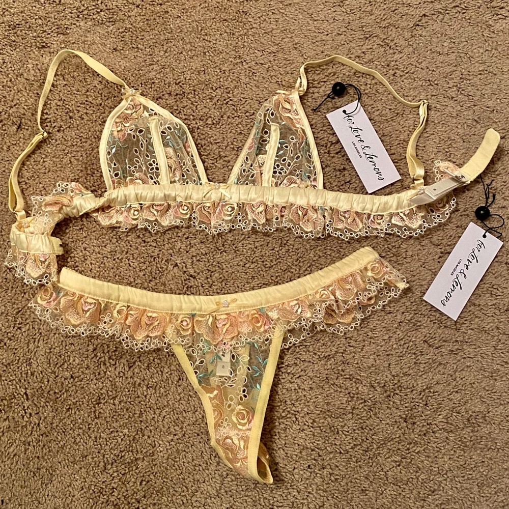 For Love And Lemons Vintage Eyelet Rose Lace Bralette and Thong SET